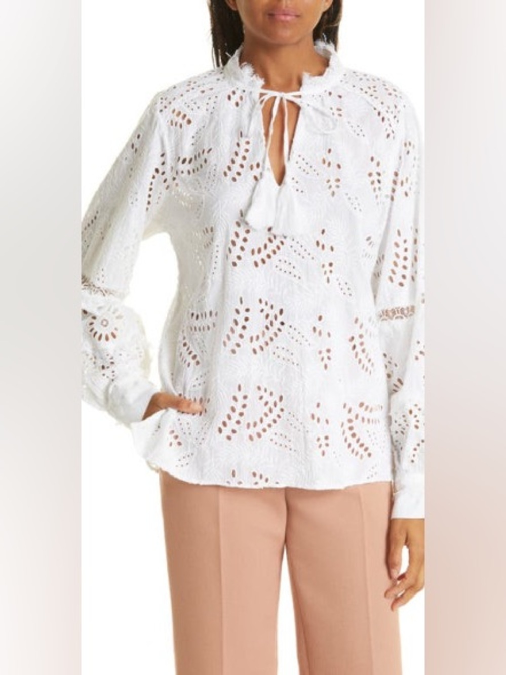 White Eyelet Tie-Neck Blouse with Tassel Detail
